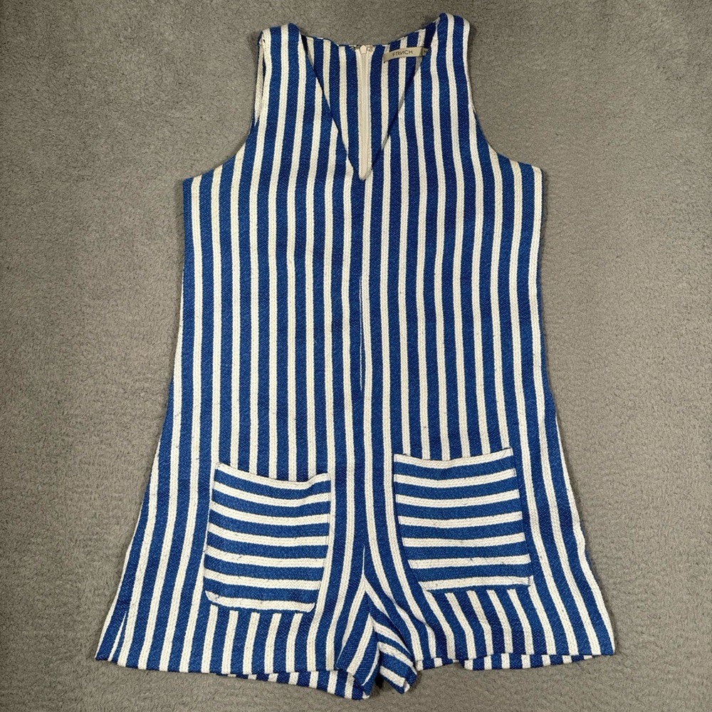 Frnch Romper Womens Size Medium Blue White Striped Sleeveless VNeck Pockets Chic